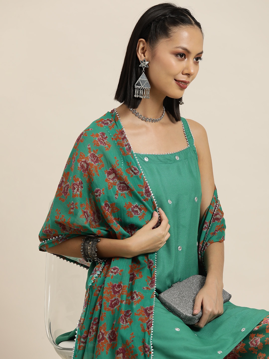 

HERE&NOW Women Mirror Work Kurta with Printed Palazzos & Dupatta, Green