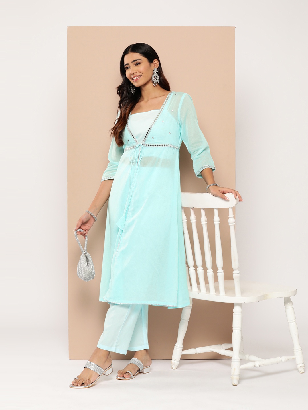

HERE&NOW Women Yoke Design Layered Gotta Patti Kurta with Trousers, Blue