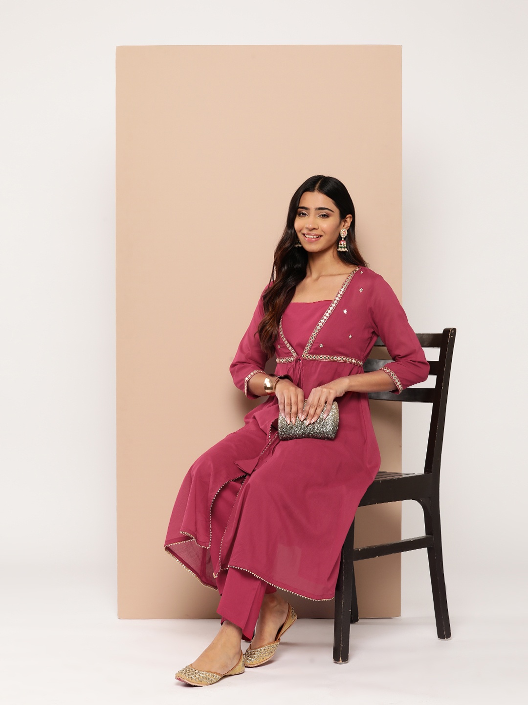 

HERE&NOW Women Yoke Design Layered Gotta Patti Kurta with Trousers, Maroon
