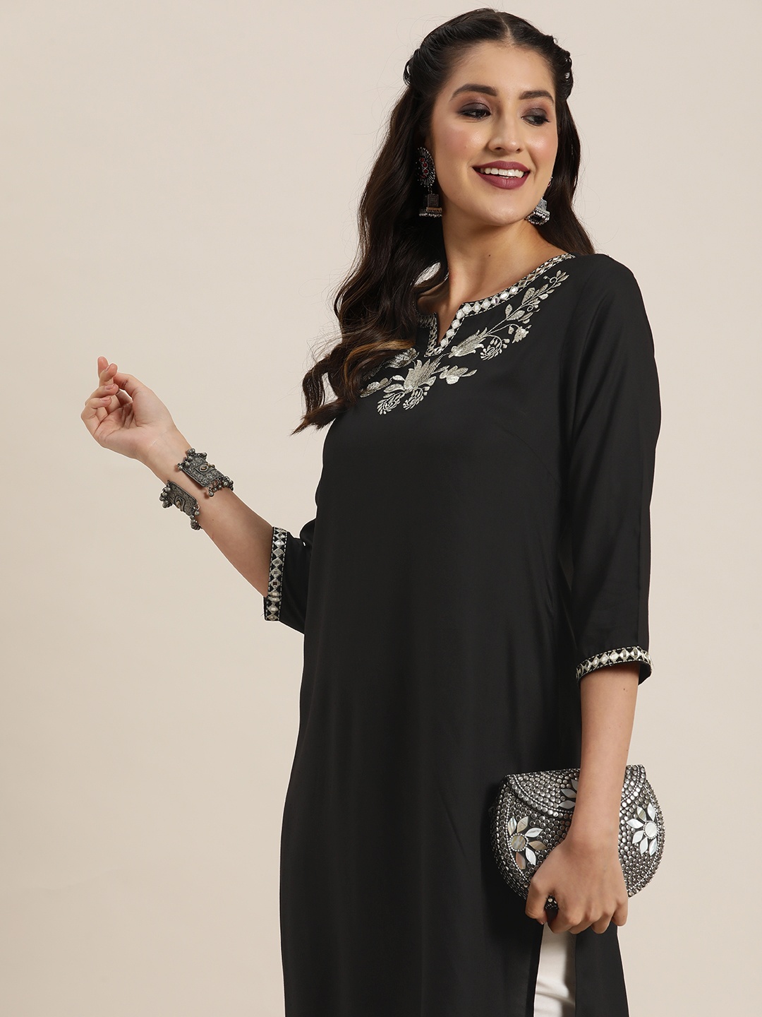 

HERE&NOW Ethnic Motifs Zari Embroidered Mirror Work Kurta, Black