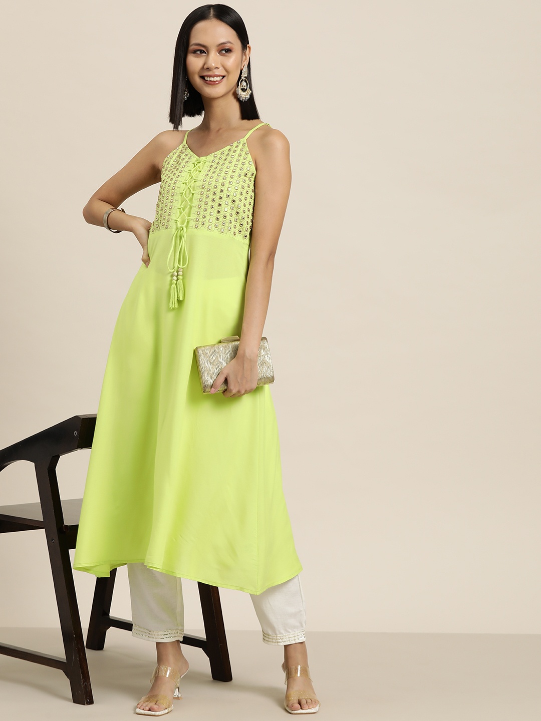 

HERE&NOW Yoke Design Mirror Work Lace-Up Detail Kurta, Green