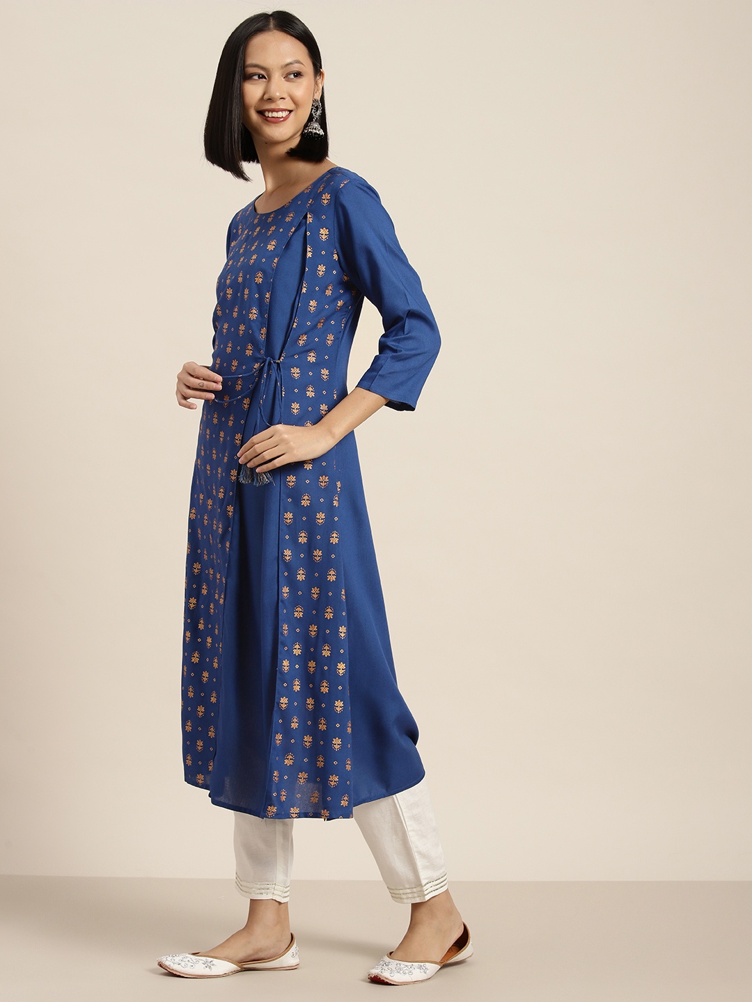 

HERE&NOW Women Ethnic Motifs Printed Kurta, Navy blue