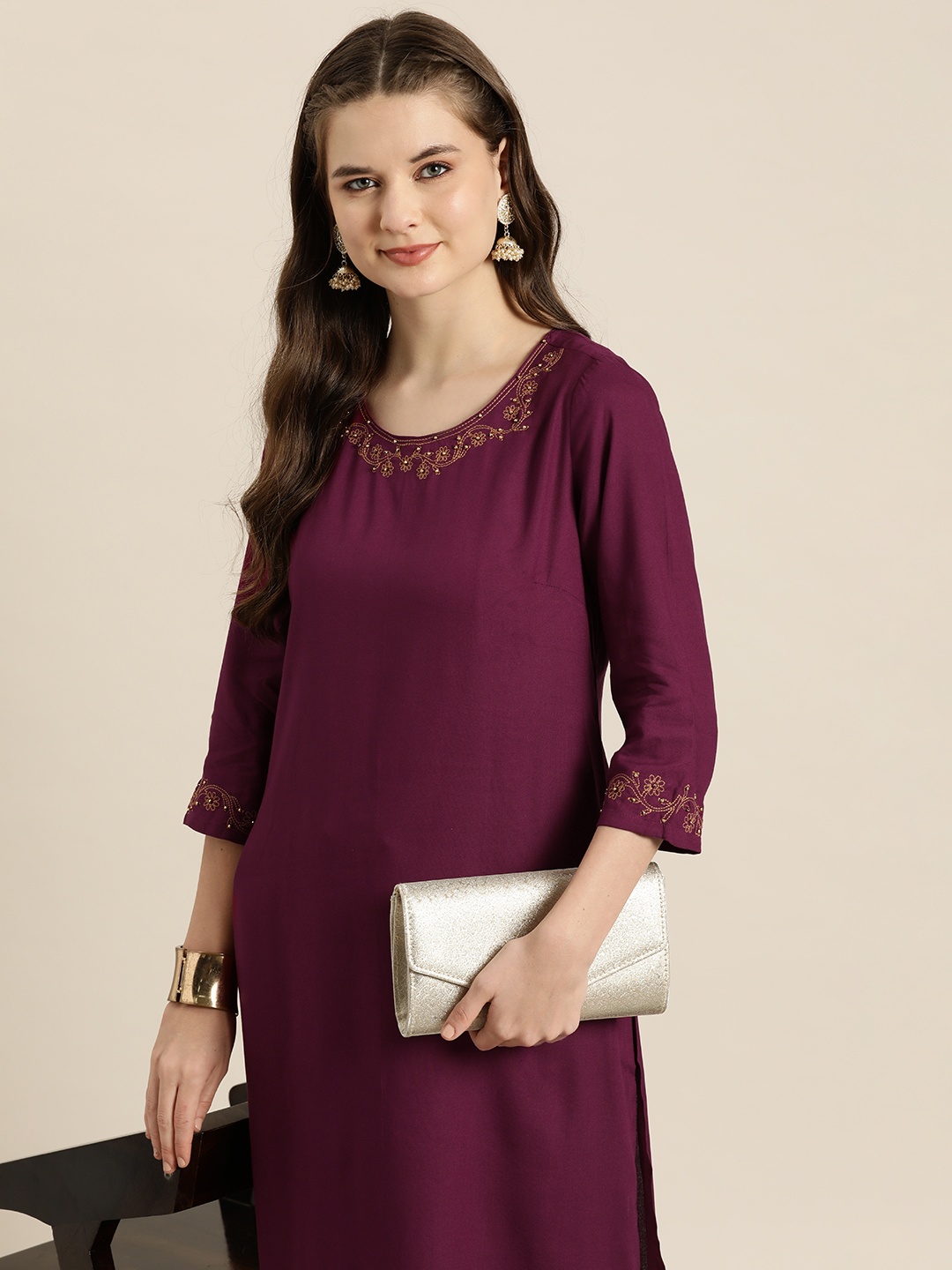 

HERE&NOW Embellished Detail Kurta, Burgundy