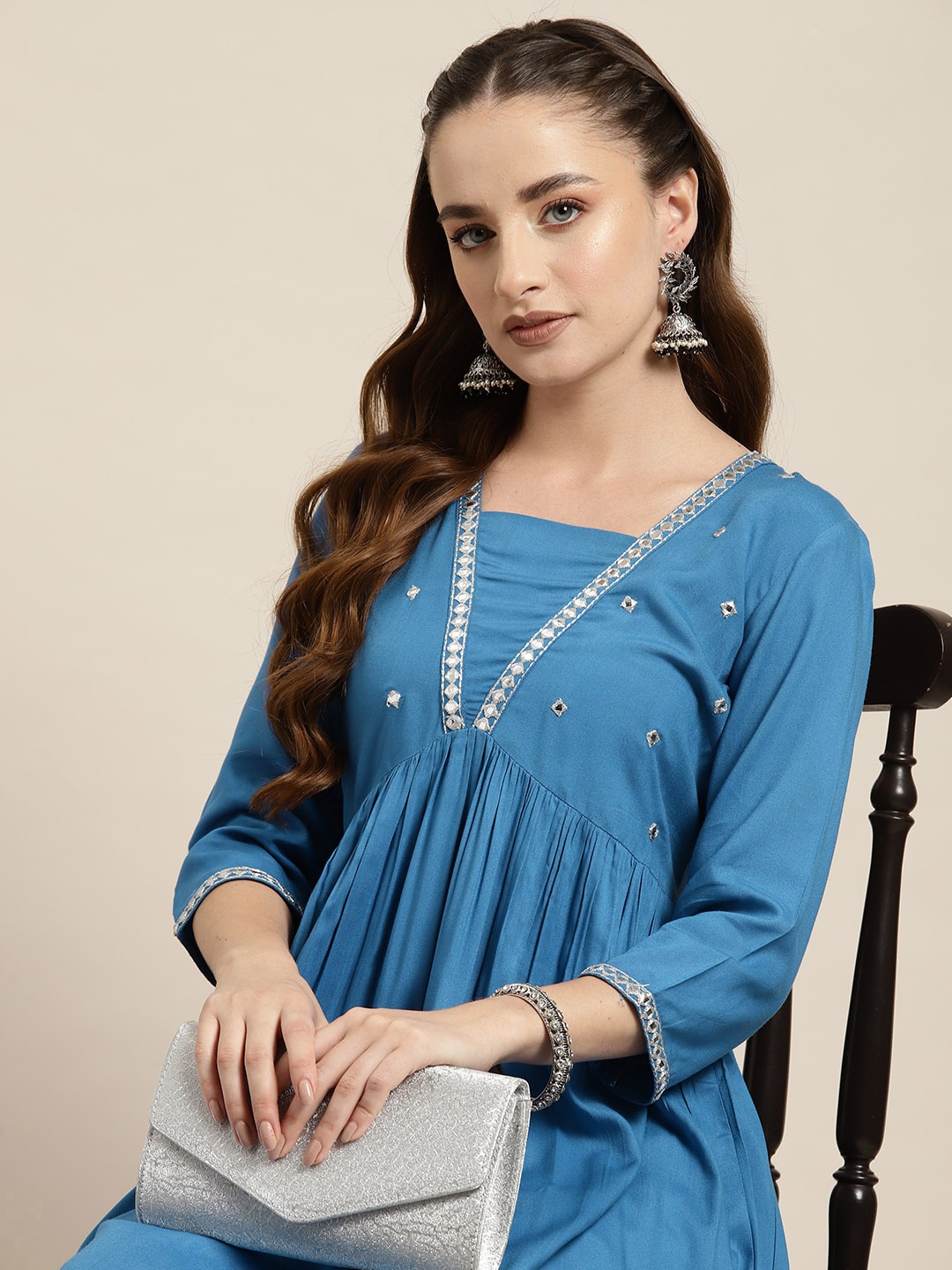 

HERE&NOW Yoke Design Mirror Work Empire Style Kurta, Blue