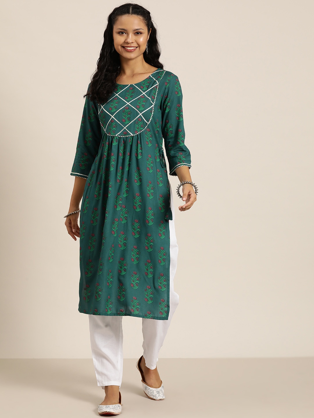 

HERE&NOW Women Ethnic Motifs Printed Straight Kurta, Green