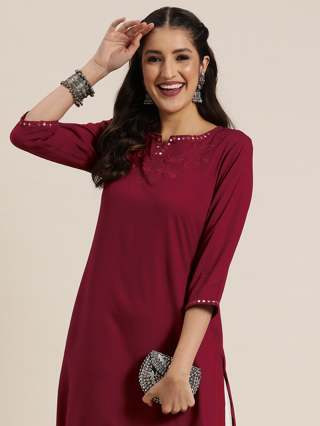 

HERE&NOW Ethnic Motifs Embroidered Mirror Work Kurta, Maroon