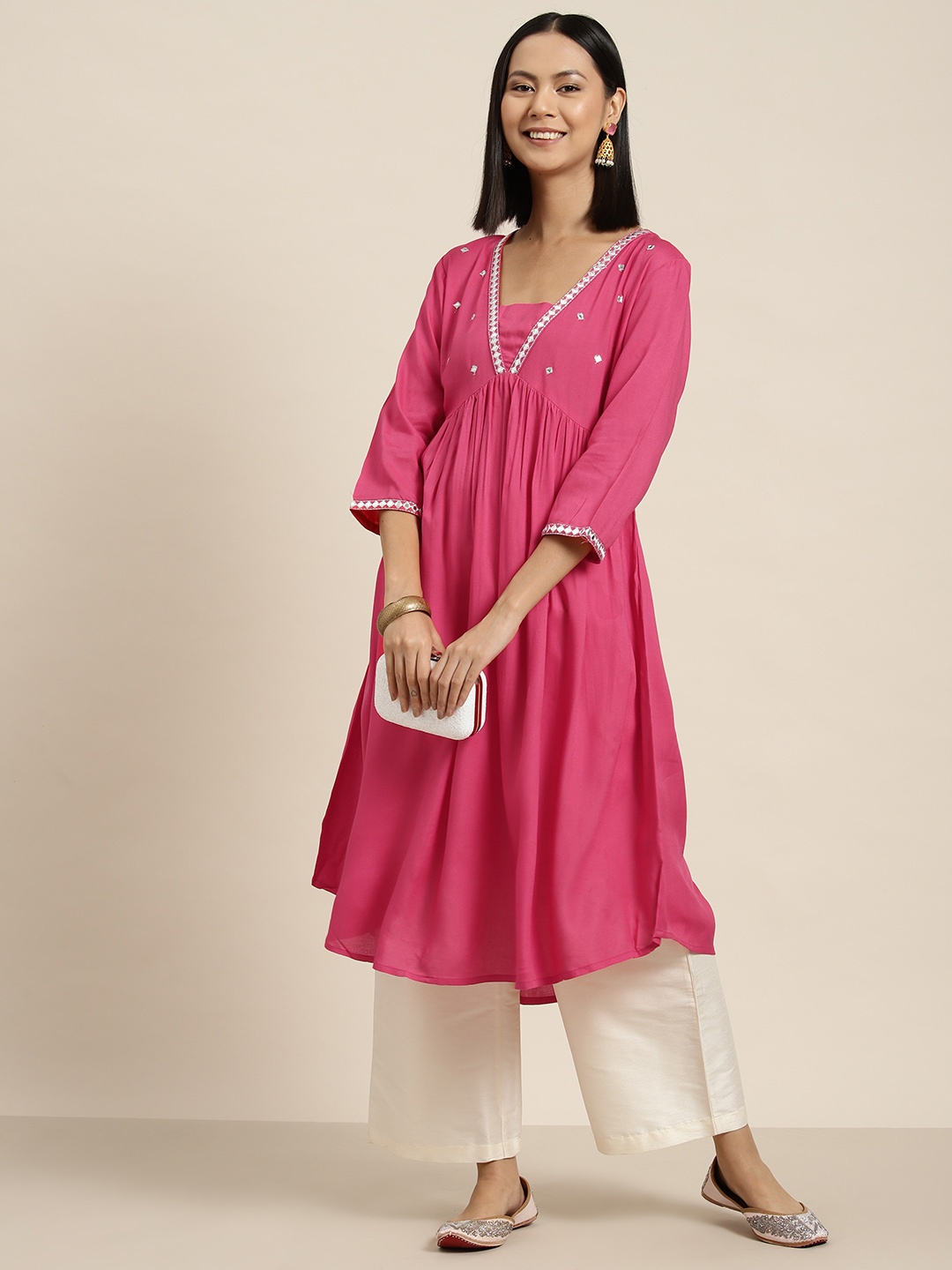 

HERE&NOW Yoke Design Mirror Work Empire Style Kurta, Coral