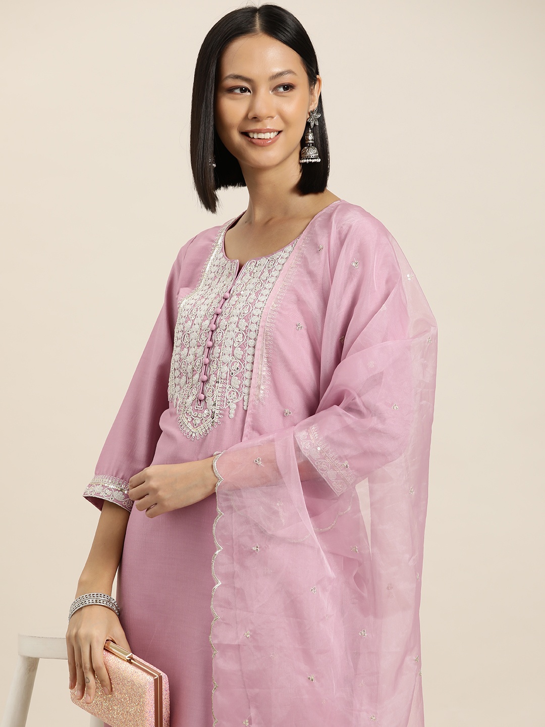 

HERE&NOW Women Floral Embroidered & Sequinned Kurta with Trousers & Dupatta, Pink
