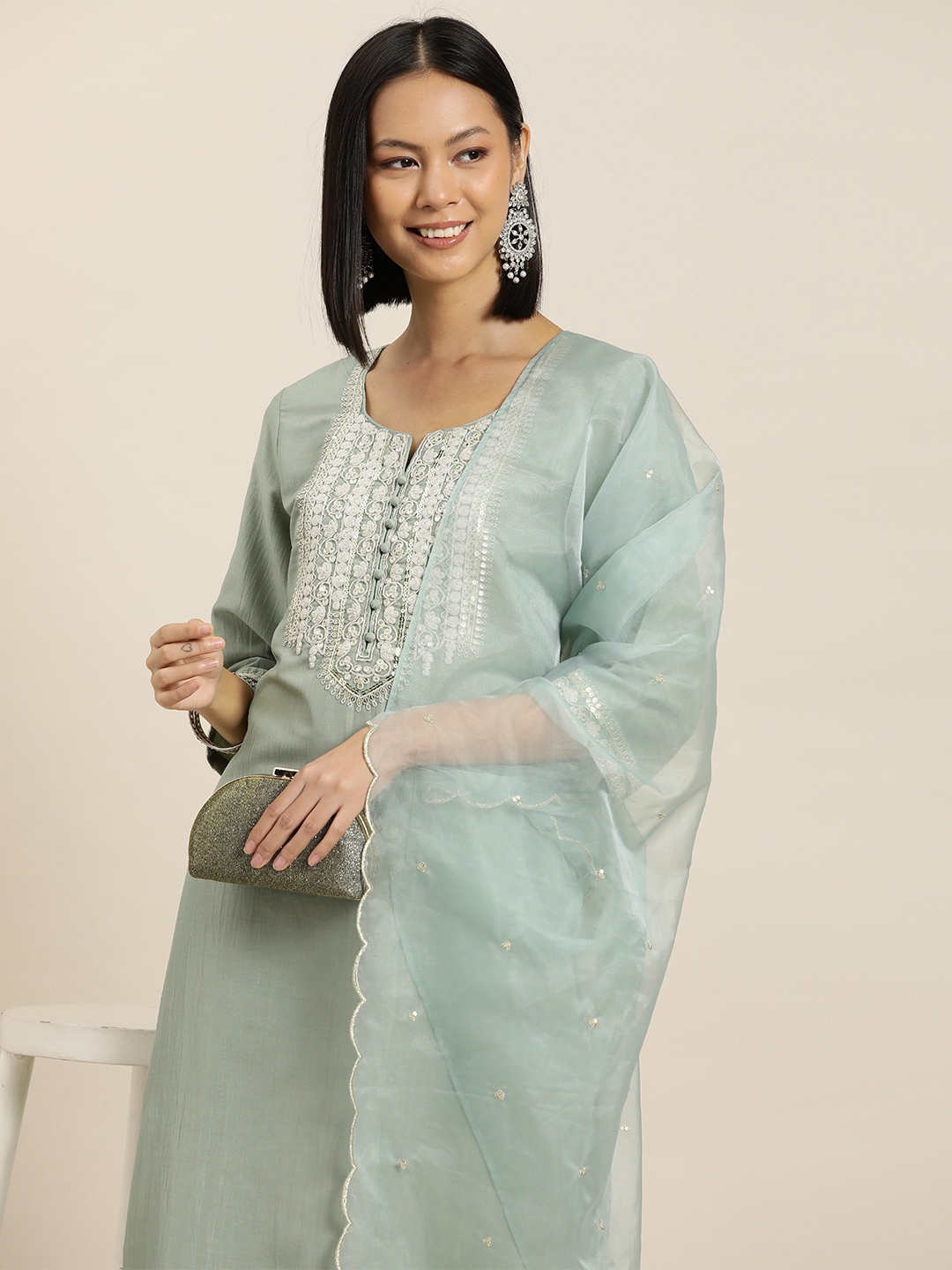 

HERE&NOW Women Floral Embroidered & Sequinned Kurta with Trousers & Dupatta, Grey