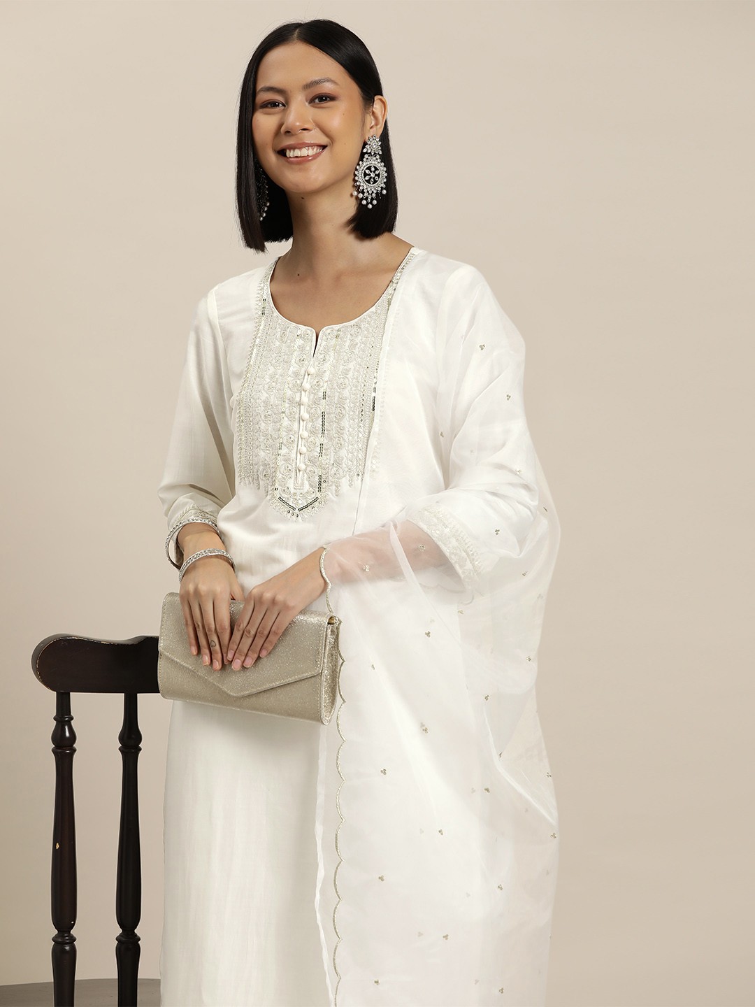 

HERE&NOW Women Floral Embroidered & Sequinned Kurta with Trousers & Dupatta, White