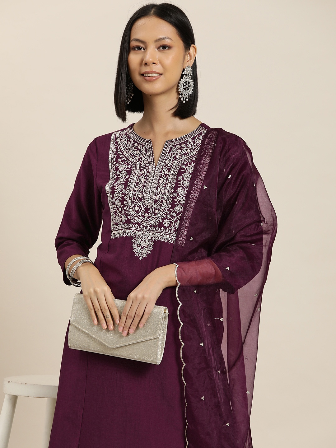 

HERE&NOW Women Floral Embroidered & Sequinned Kurta with Trousers & Dupatta, Burgundy