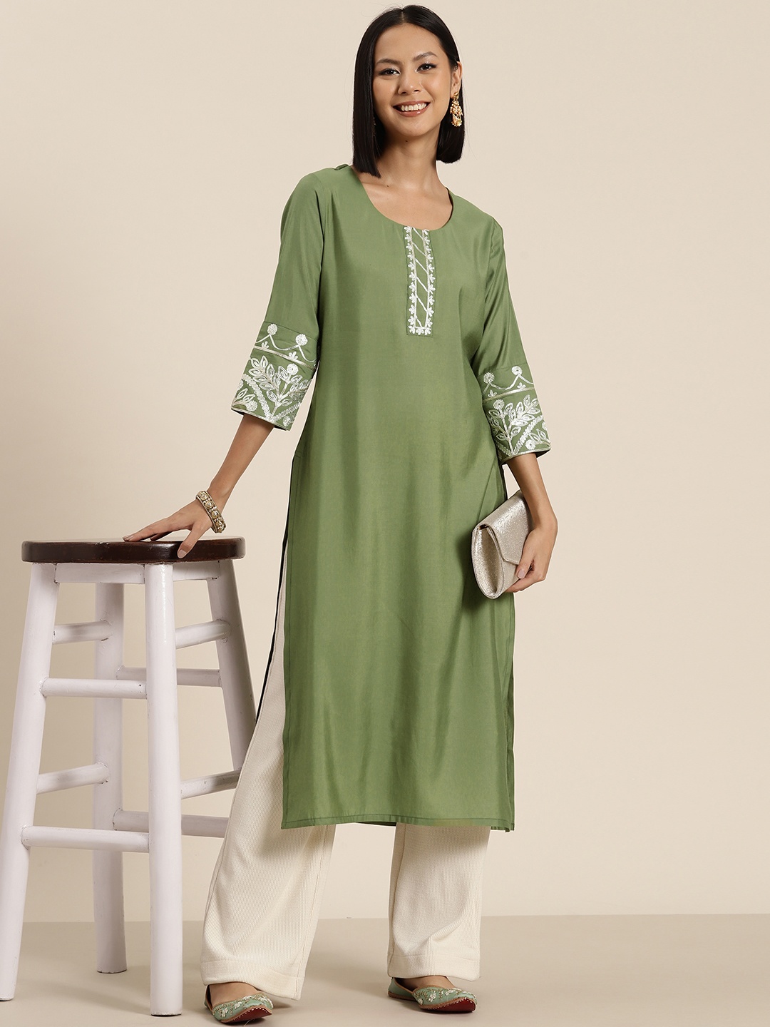 

HERE&NOW Thread Work Kurta, Green