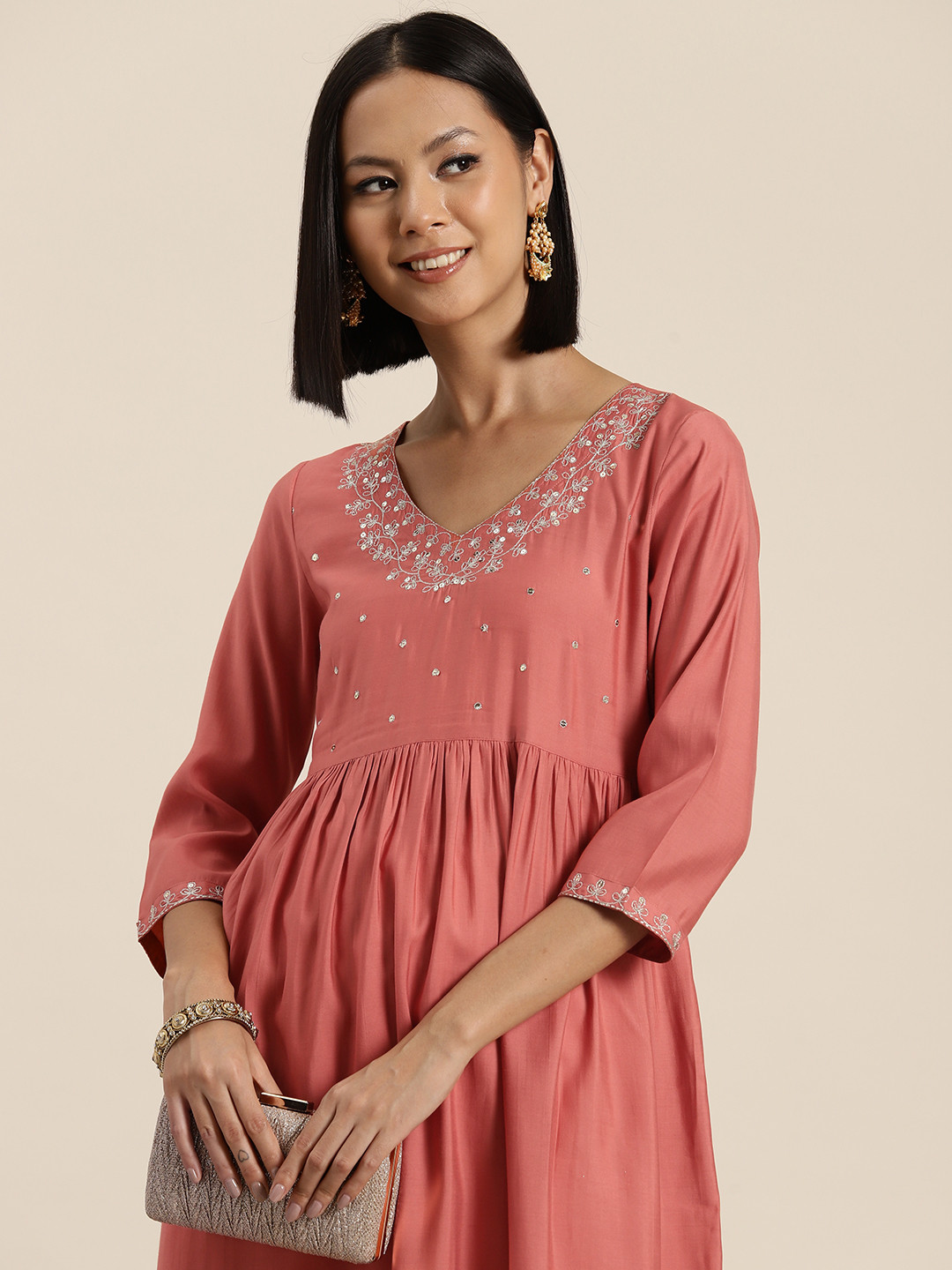 

HERE&NOW Floral Yoke Design Sequinned Kurta, Peach