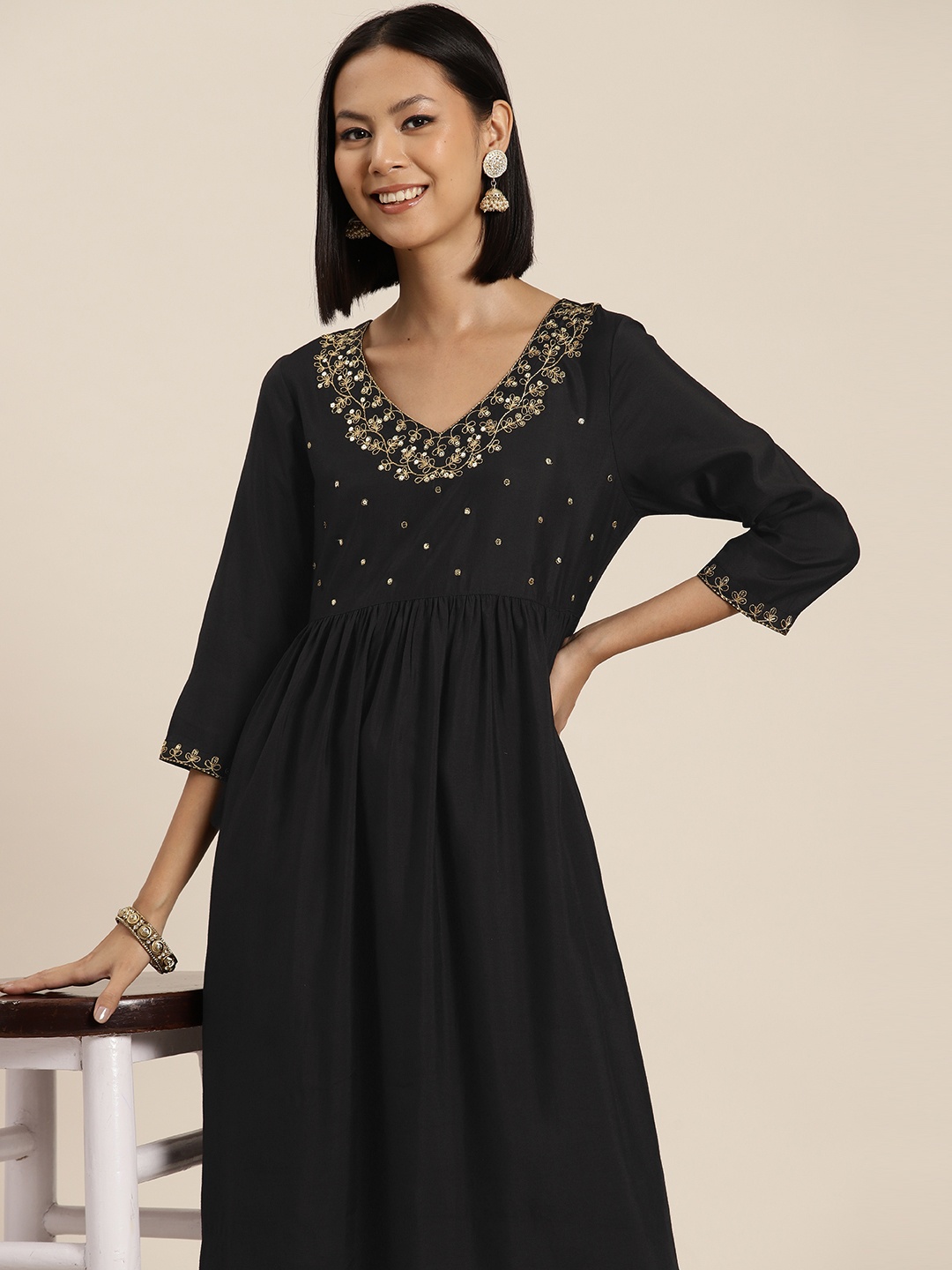 

HERE&NOW Sequinned Thread Work Kurta, Black