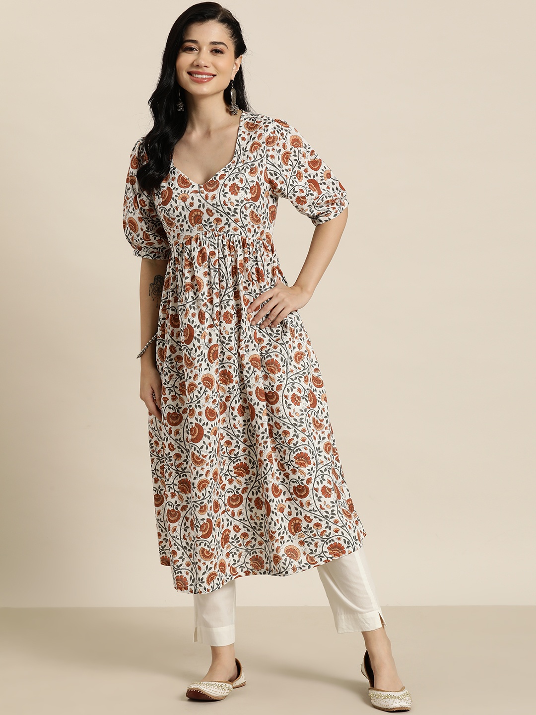

HERE&NOW Pure Cotton Floral Printed Pleated A-line Kurta, White