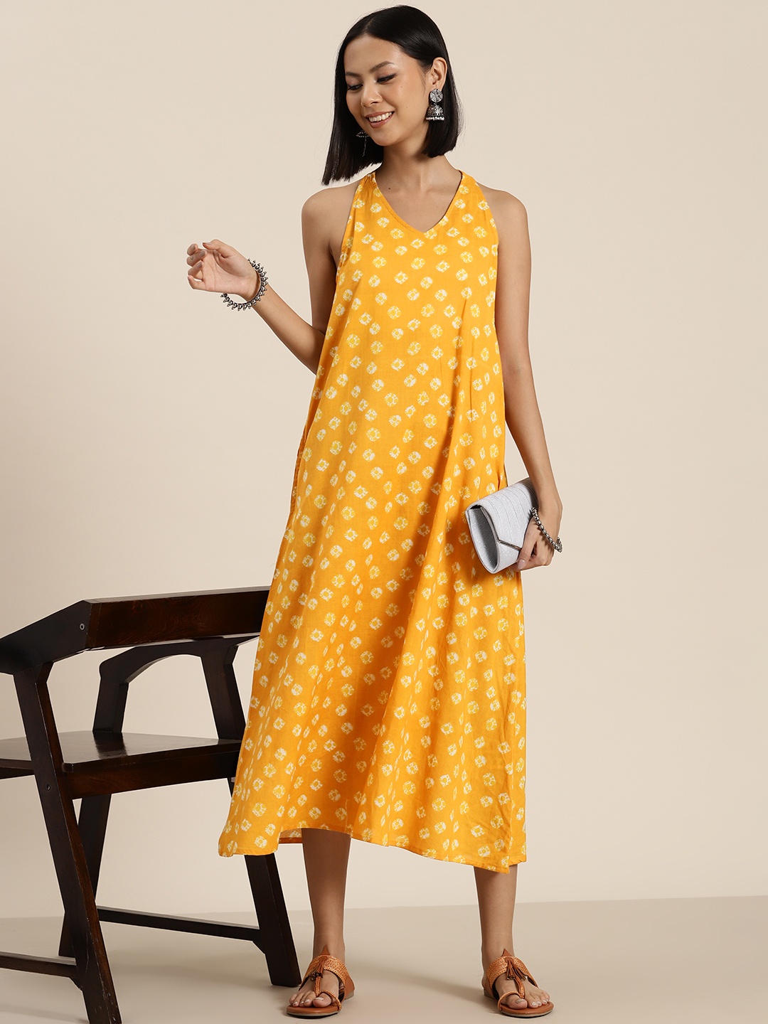 

HERE&NOW Pure Cotton Printed Halter Neck A-Line Midi Ethnic Dress, Mustard