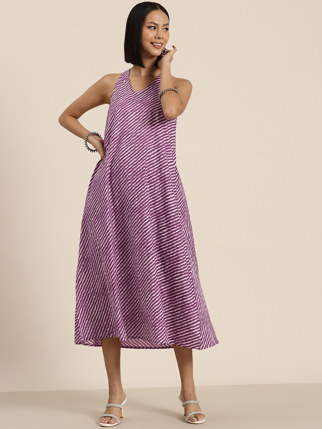 

HERE&NOW Pure Cotton Leheriya Print Midi A-Line Ethnic Dress, Purple