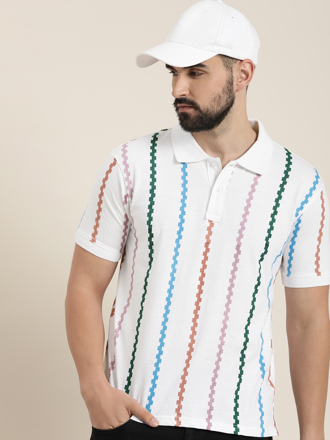 

Moda Rapido Pure Cotton Geometric Printed Polo Collar Casual T-shirt, White
