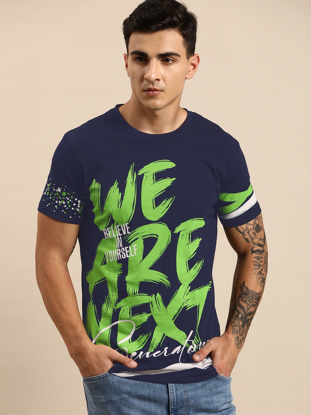 

Moda Rapido Printed Pure Cotton T-shirt, Navy blue