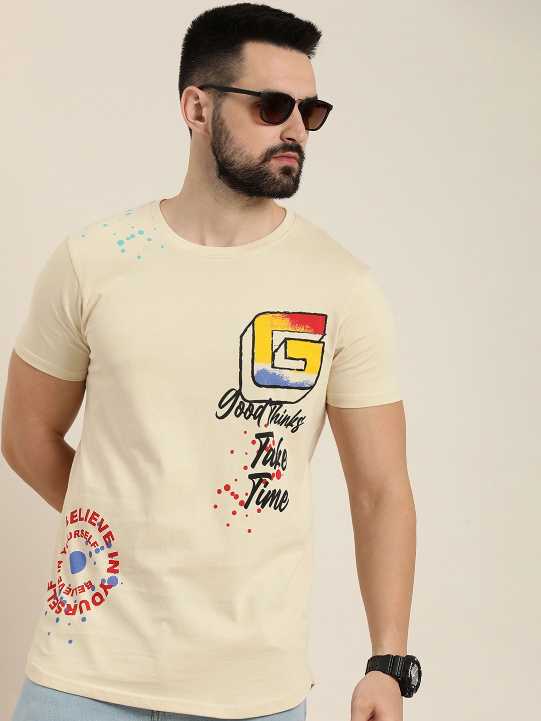 

Moda Rapido Pure Cotton Typography Printed T-shirt, Beige