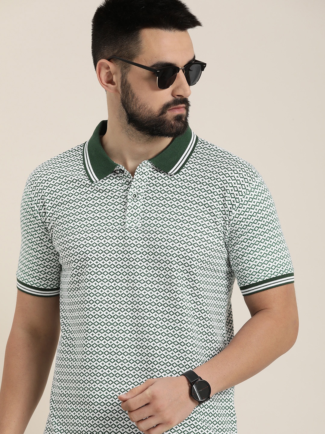 

Moda Rapido Pure Cotton Geometric Printed Polo Collar Casual T-shirt, Green