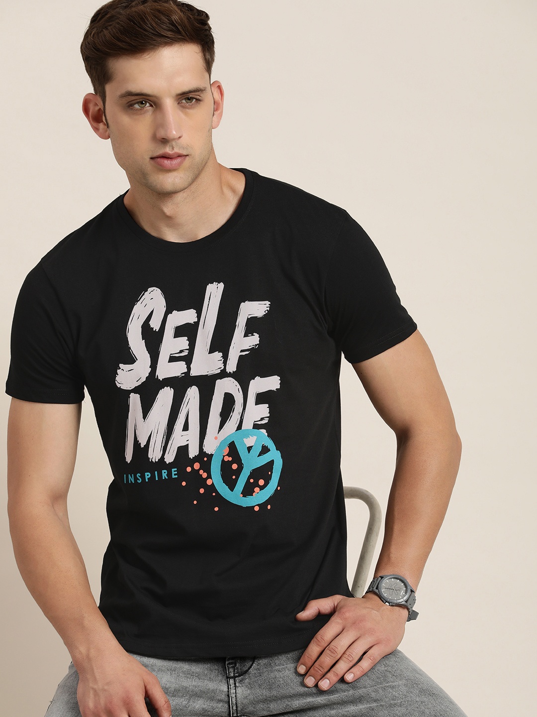 

Moda Rapido Round Neck Graphic Typography Printed Pure Cotton T-shirt, Black