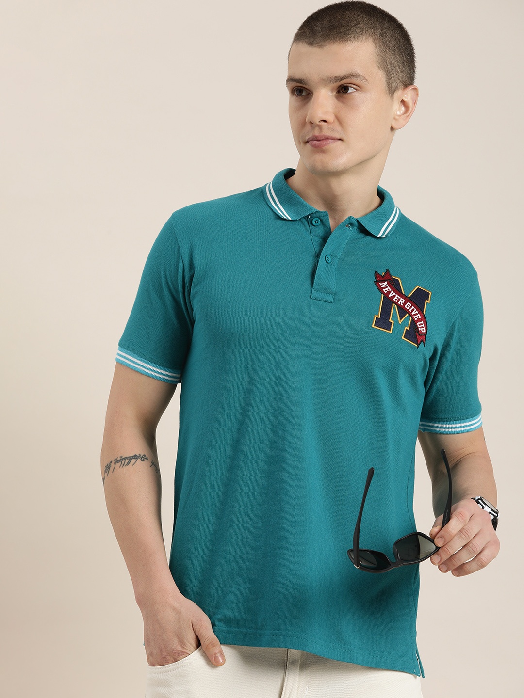 

Moda Rapido Typography Polo Collar Pure Cotton T-shirt, Teal