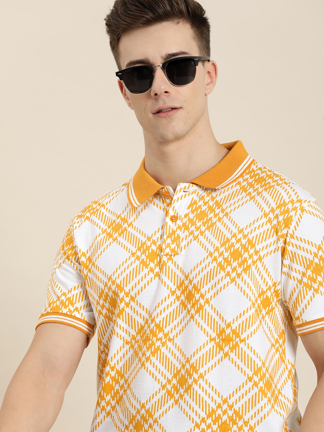 

Moda Rapido Geometric Printed Polo Collar Pure Cotton T-shirt, Mustard