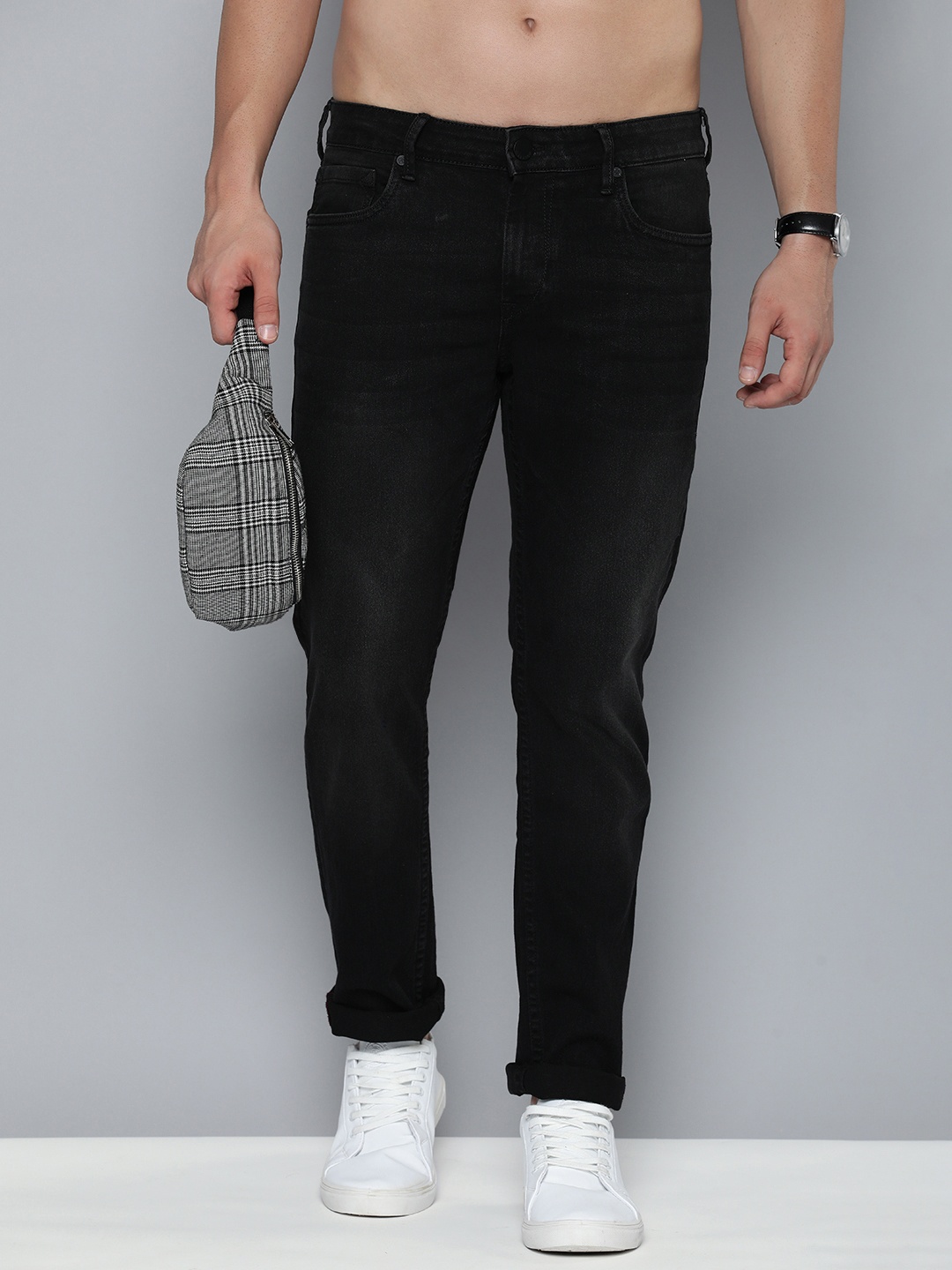 

HERE&NOW Men Slim Fit Light Fade Stretchable Jeans, Black