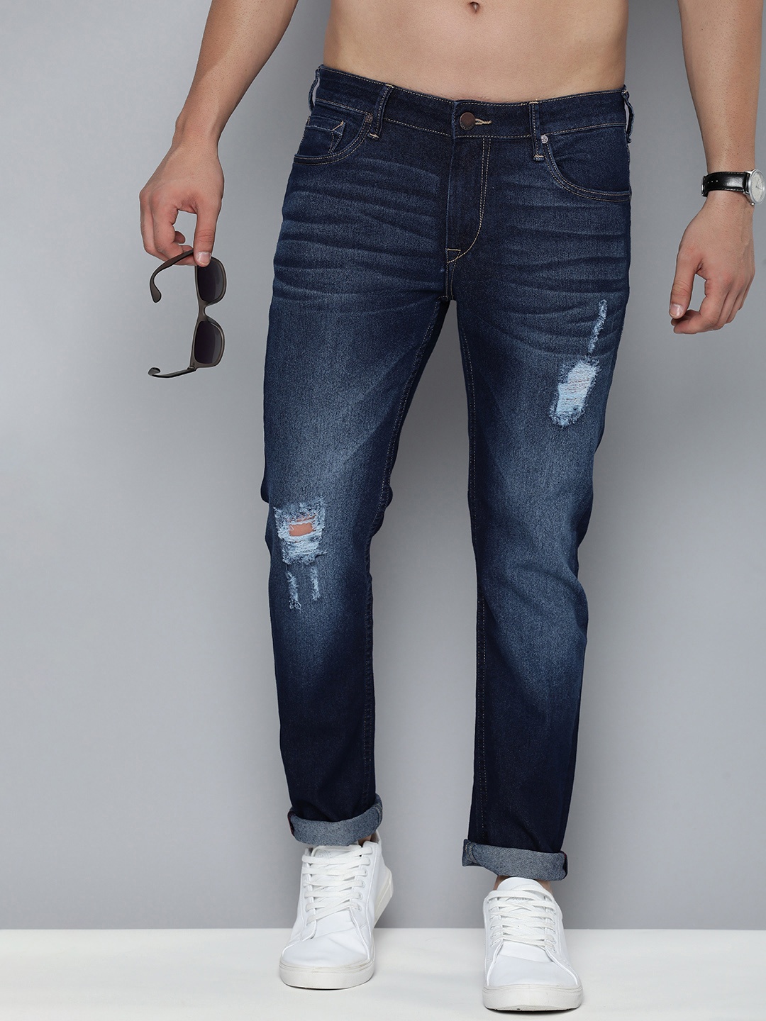 

HERE&NOW Men Slim Fit Mildly Distressed Heavy Fade Stretchable Jeans, Navy blue