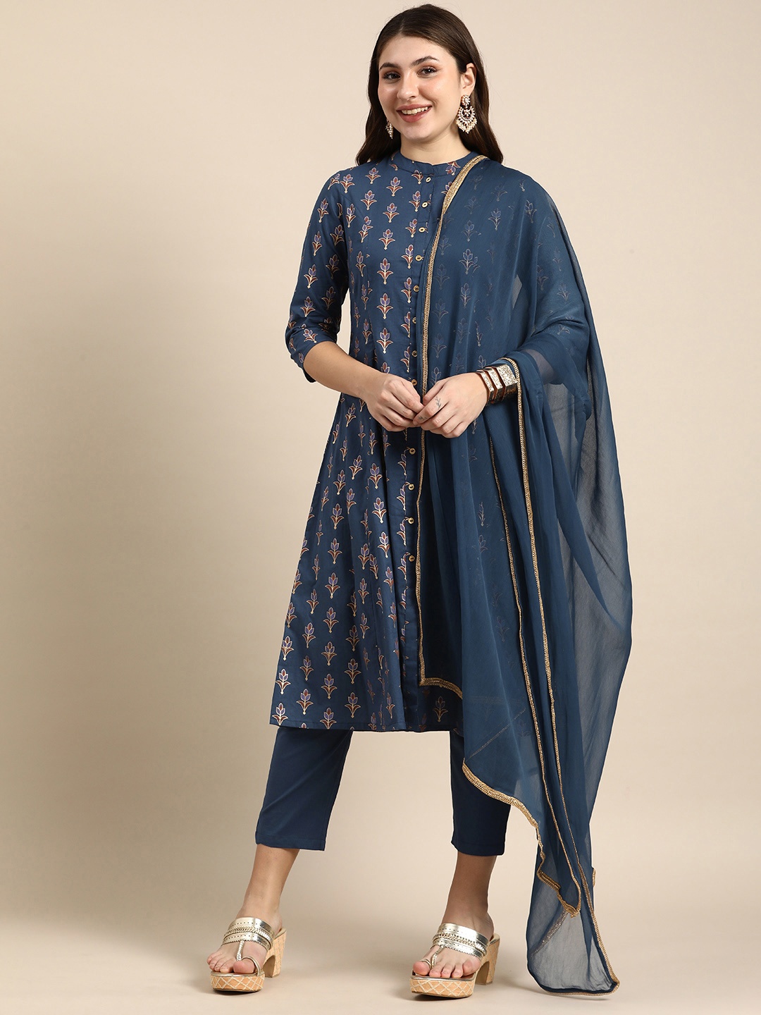 

Anouk Women Ethnic Motifs Printed Pure Cotton Kurta with Trousers & With Dupatta, Blue