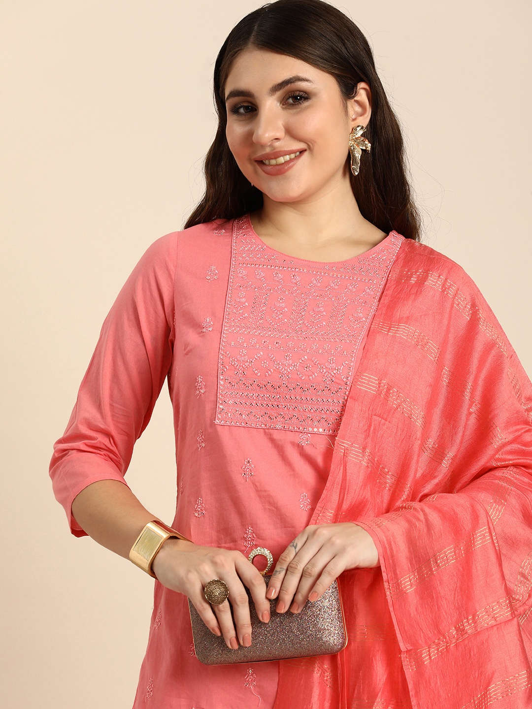 

Anouk Women Floral Embroidered Sequined Pure Cotton Kurta With Trousers & Dupatta, Pink