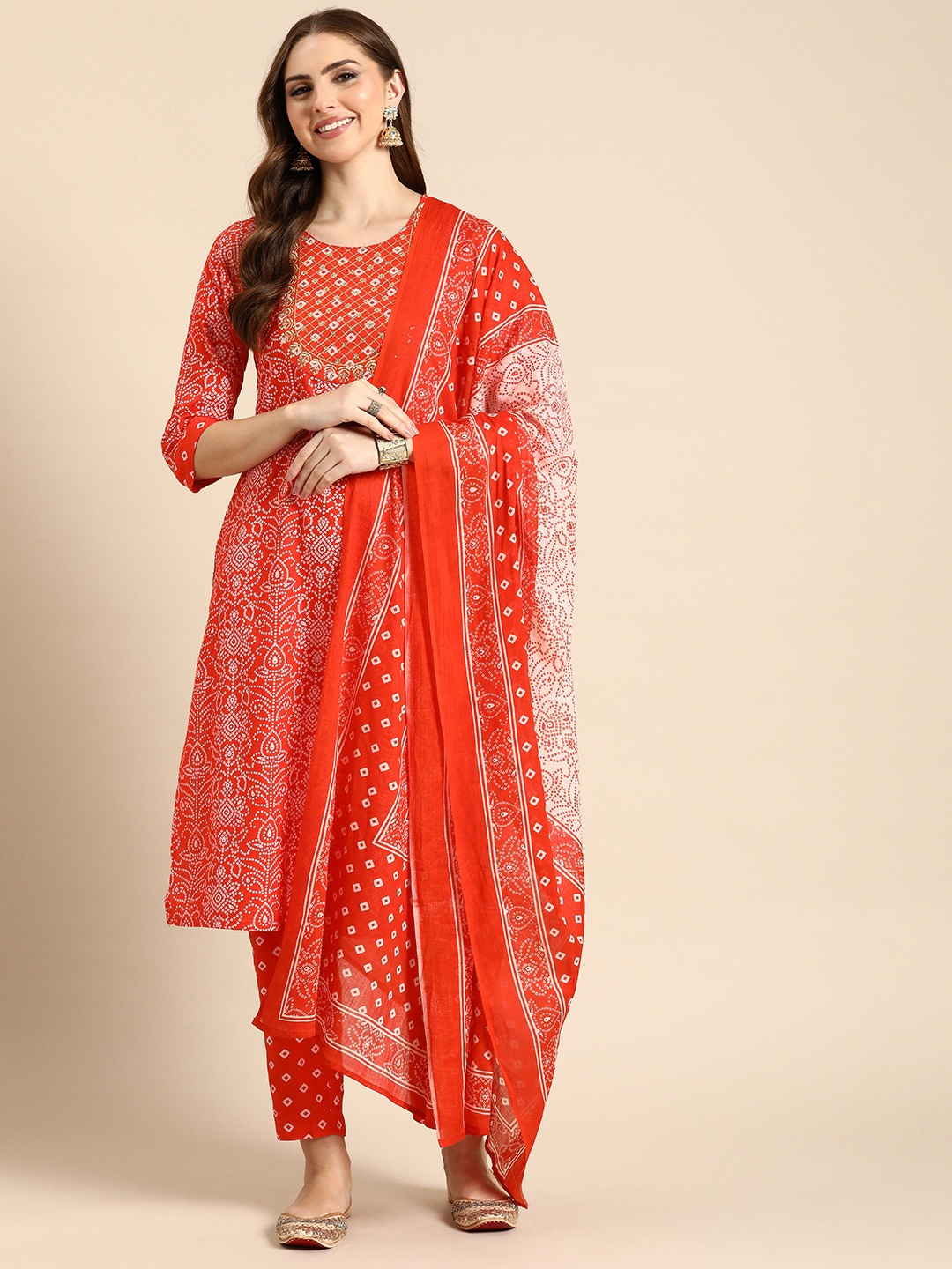 

Anouk Bandhani Printed Regular Sequinned Kurta with Trousers & Dupatta, Red