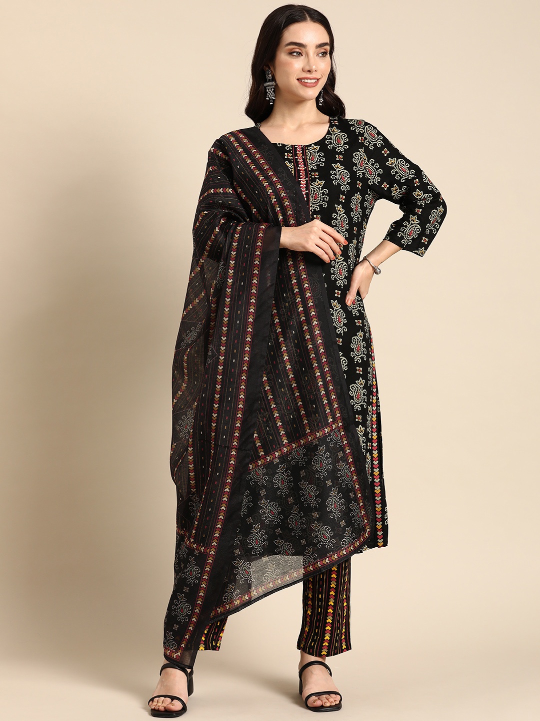 

Anouk Bandhani Printed Regular Kurta with Trousers & Dupatta, Black