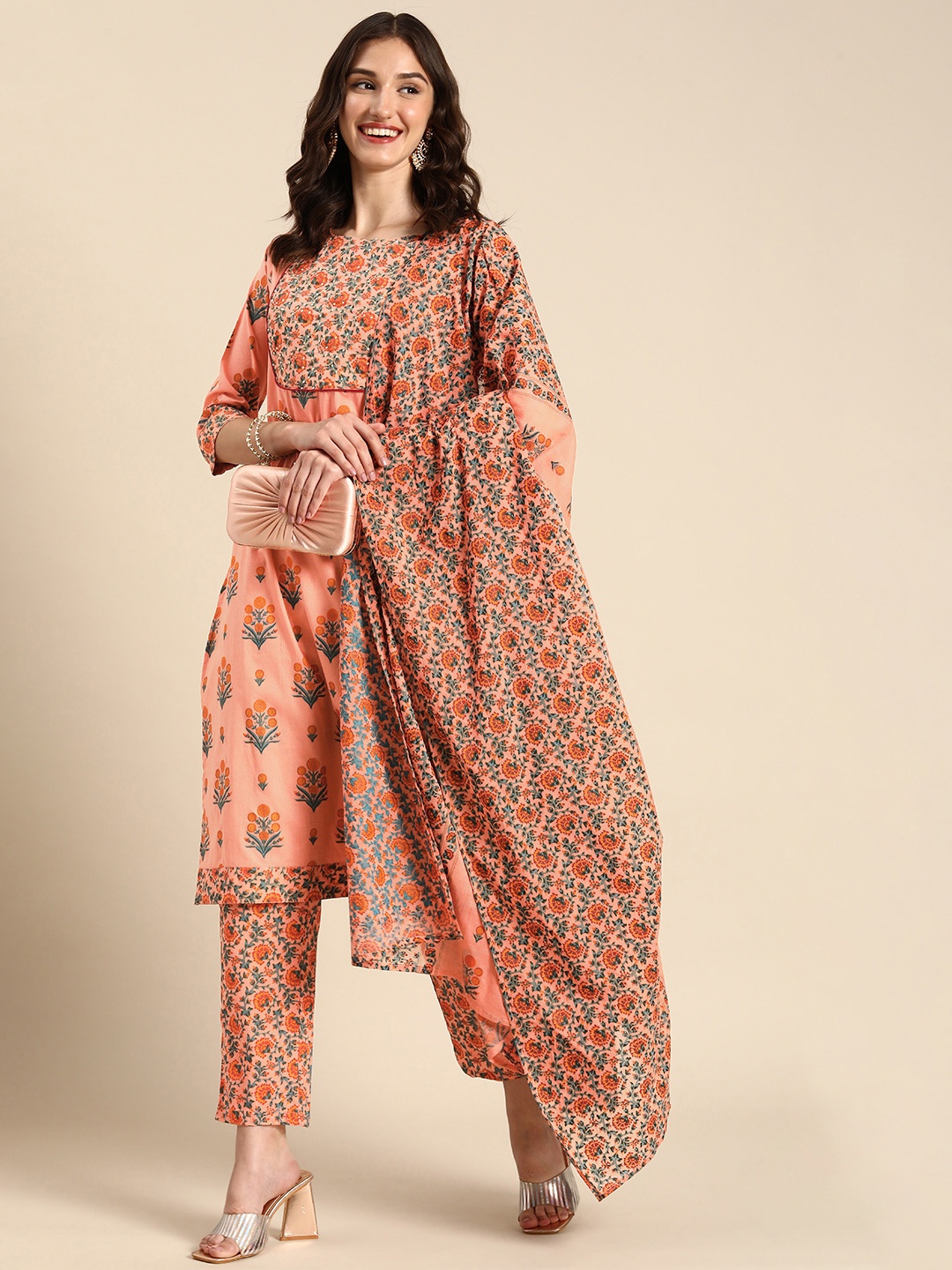 

Anouk Pure Cotton Floral Printed Sequinned Kurta with Trousers & Dupatta, Peach