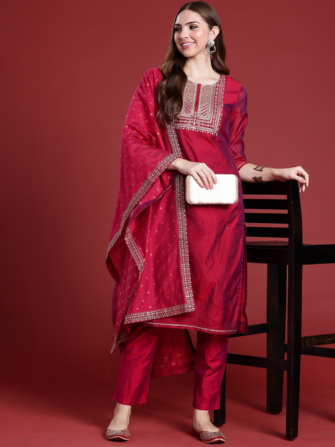 

Anouk Women Ethnic Motifs Zari Work Yoke Design Regular Kurta With Trousers & Dupatta, Magenta