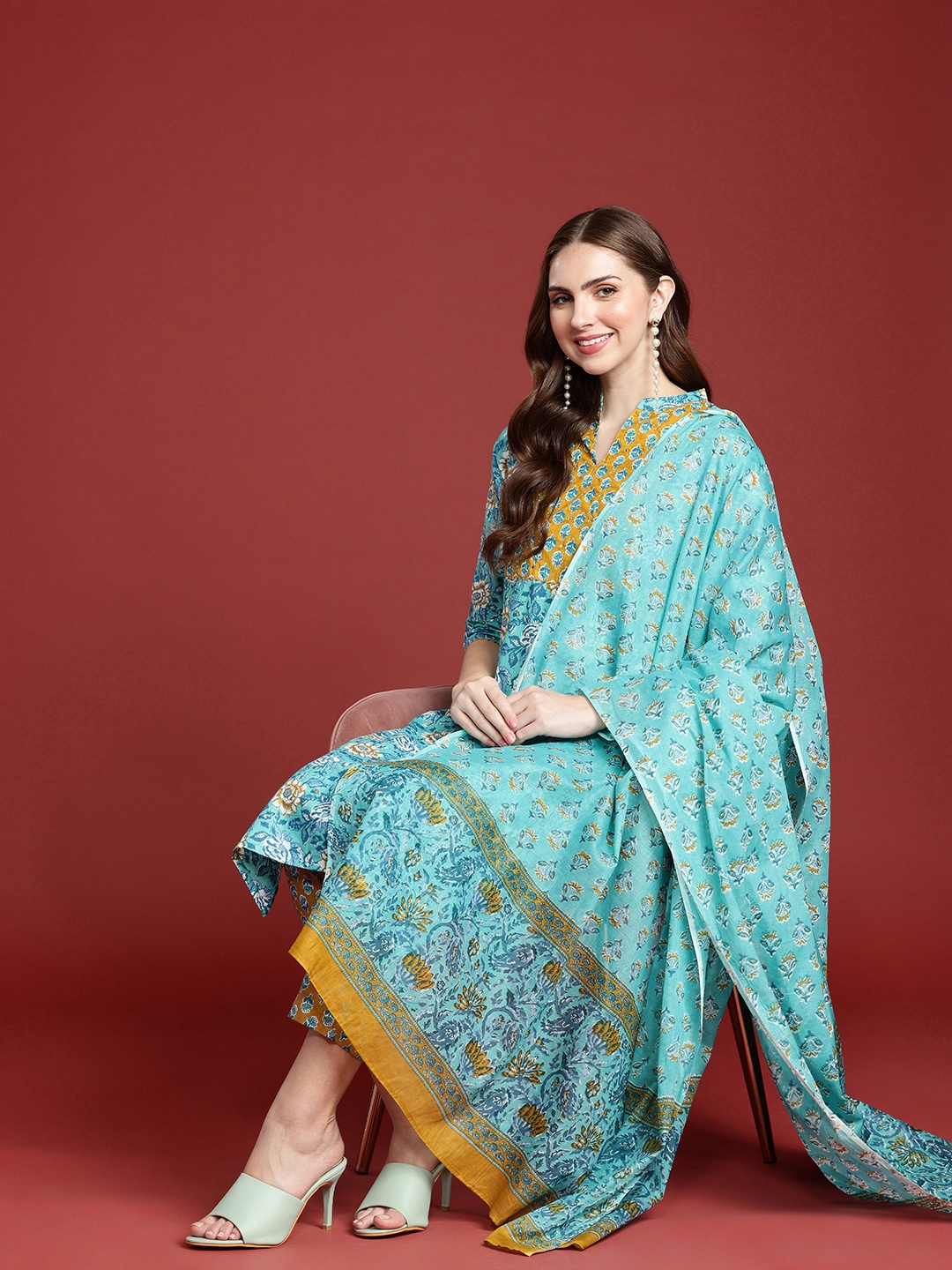 

Anouk Women Floral Regular Sequined Pure Cotton Kurta With Trousers & Dupatta, Blue