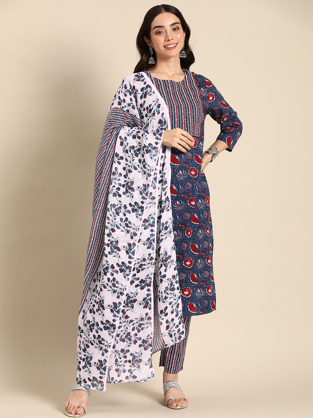 

Anouk Pure Cotton Floral Printed Mirror Work Kurta With Trousers & With Dupatta, Navy blue