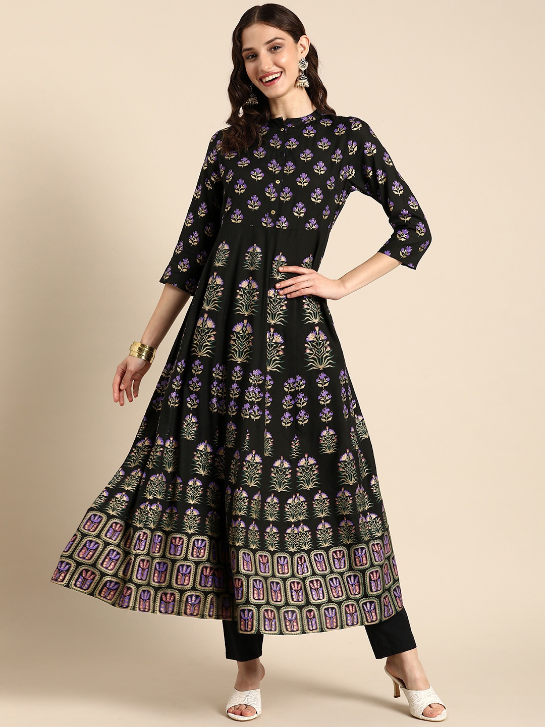 

Anouk Mandarin Collar Ethnic Motifs Printed A-Line Kurta, Black