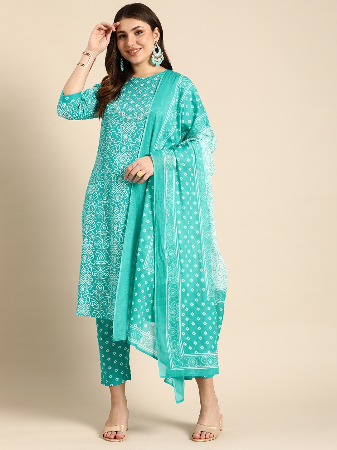 

Anouk Bandhani Printed Regular Sequinned Kurta with Trousers & Dupatta, Blue