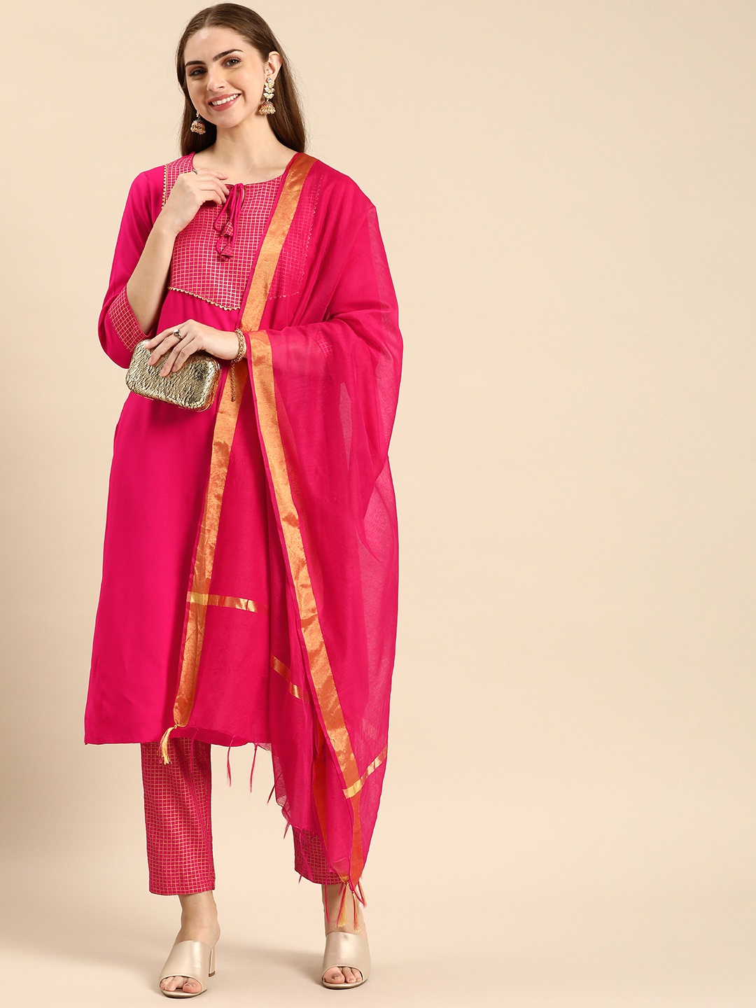 

Anouk Women Checked Yoke Design Kurta &Trousers With Dupatta, Pink