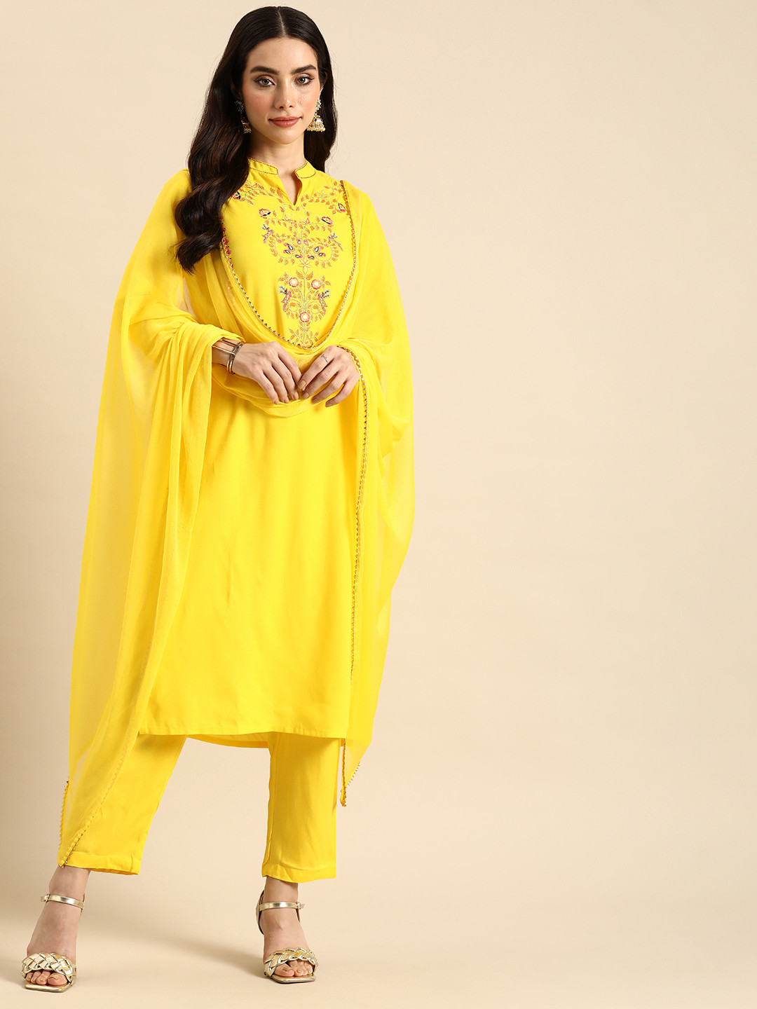 

Anouk Women Yellow Ethnic Motifs Embroidered Kurta & Trousers With Dupatta