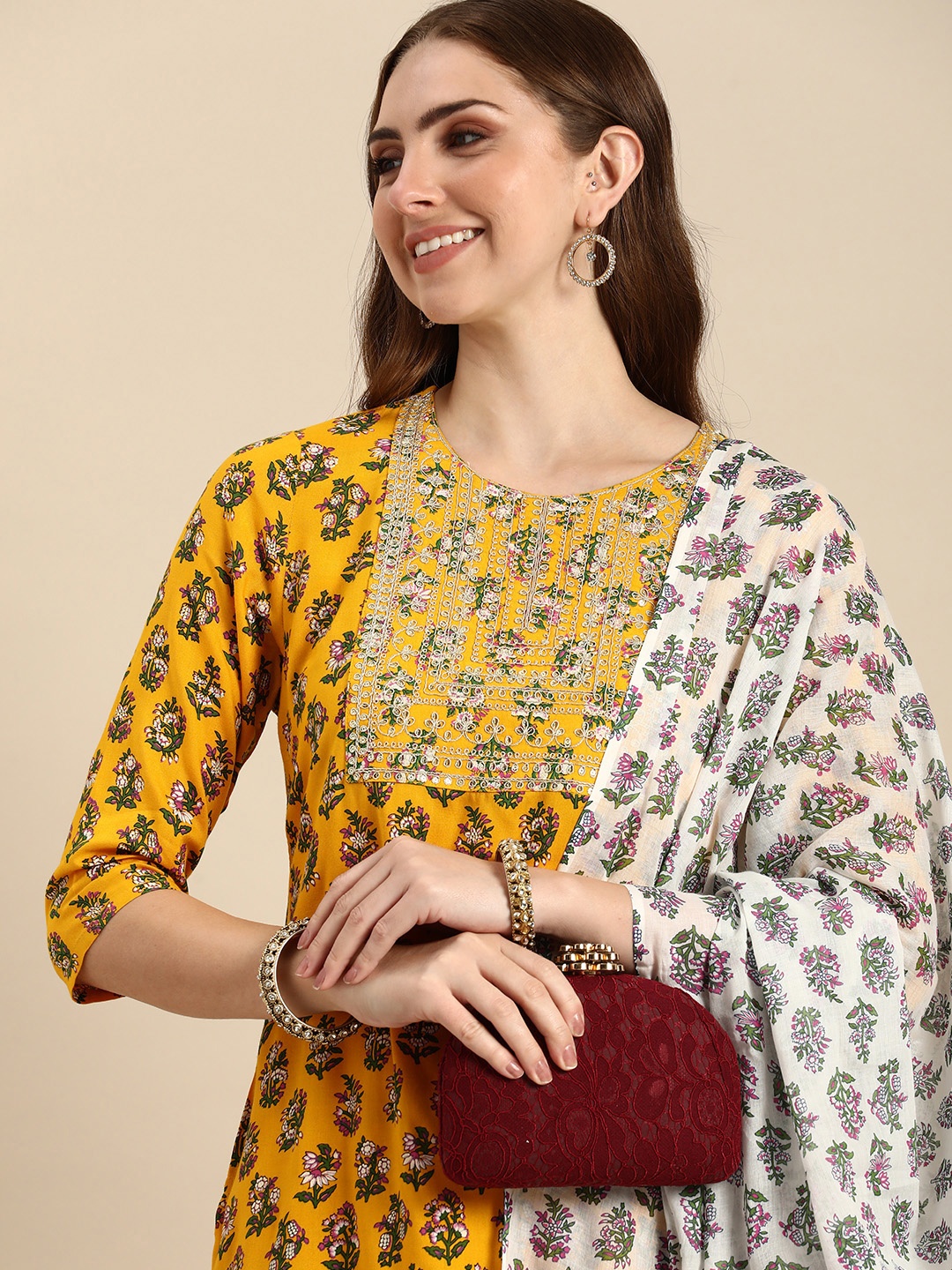 

Anouk Women Floral Printed Regular Sequined Kurta With Trousers & Dupatta, Yellow