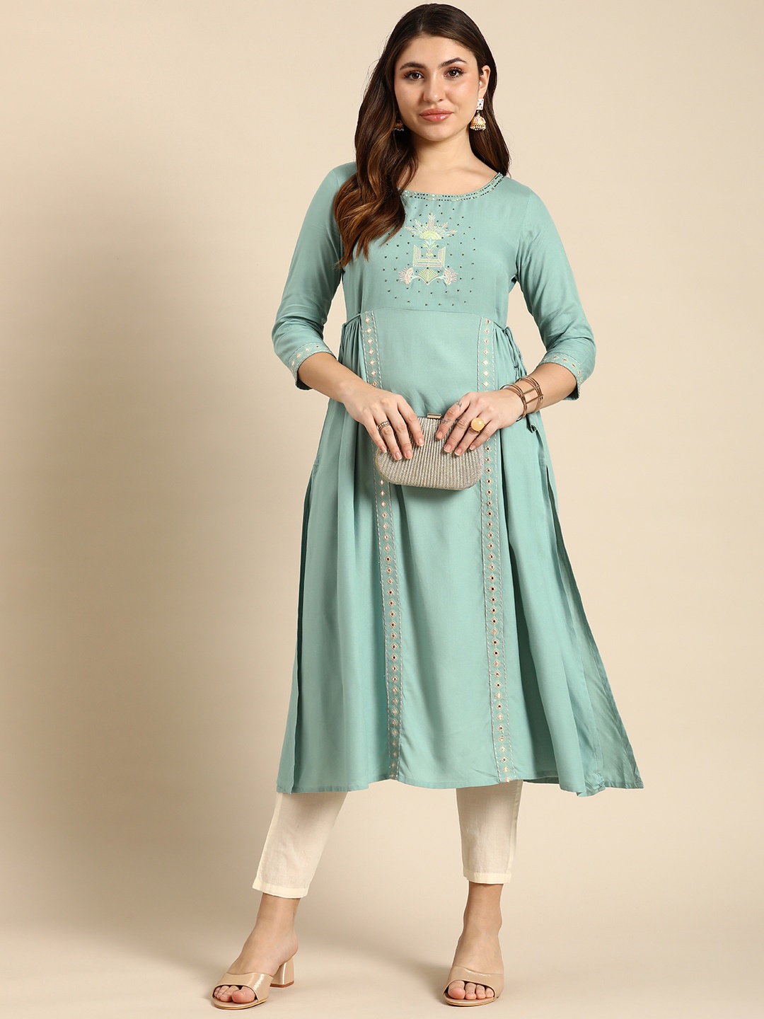 

Anouk Embroidered Mirror Work A-Line Kurta, Blue