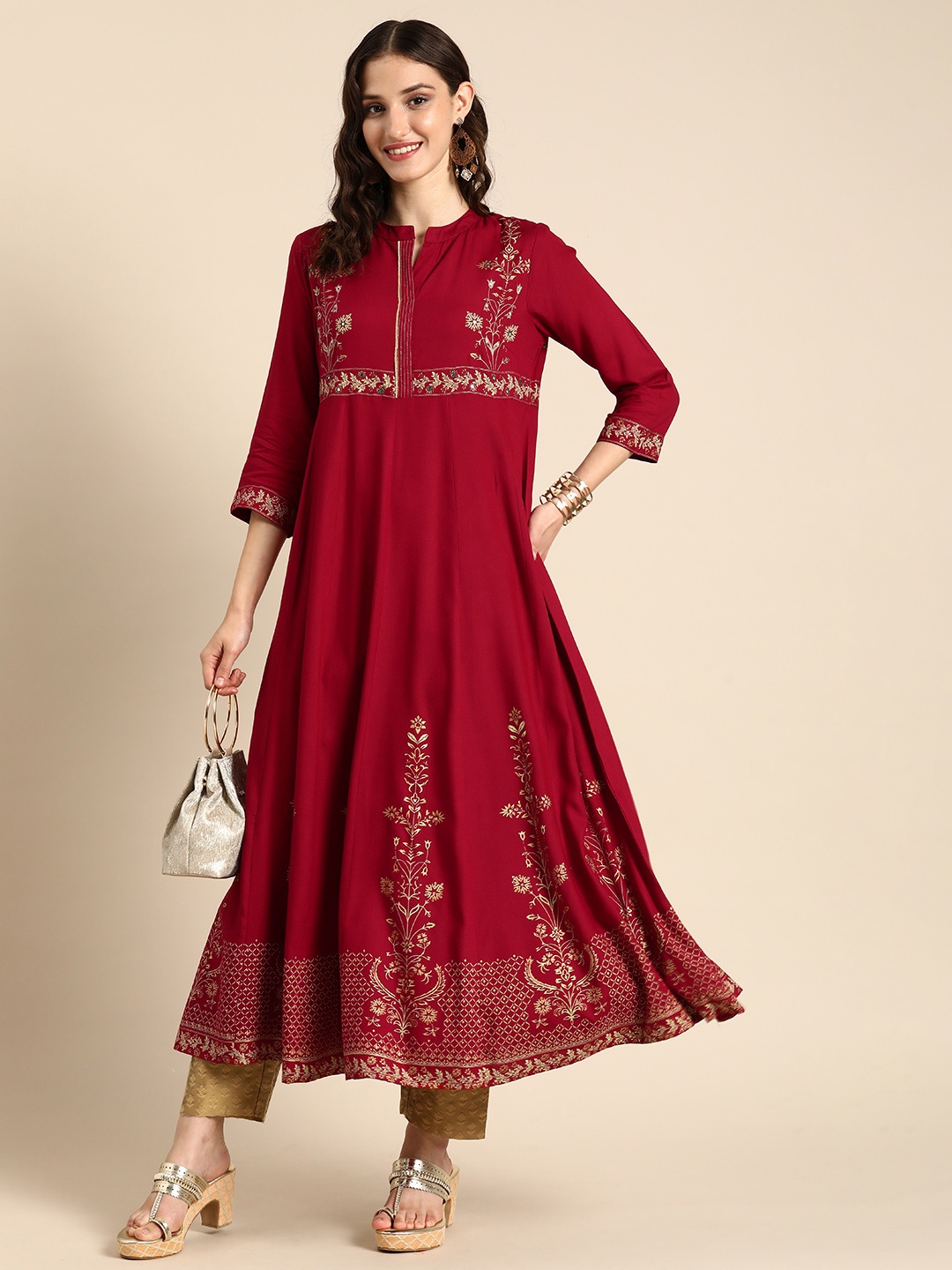 

Anouk Floral Printed Mirror Work A-LIne Kurta, Red