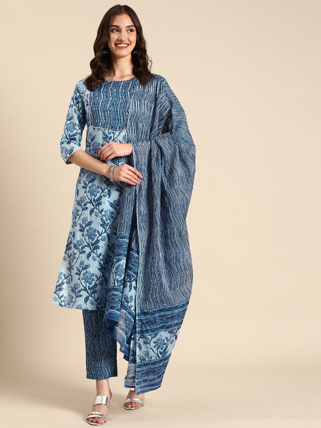 

Anouk Ethnic Motifs Printed Regular Pure Cotton Kurta with Trousers & Dupatta, Blue
