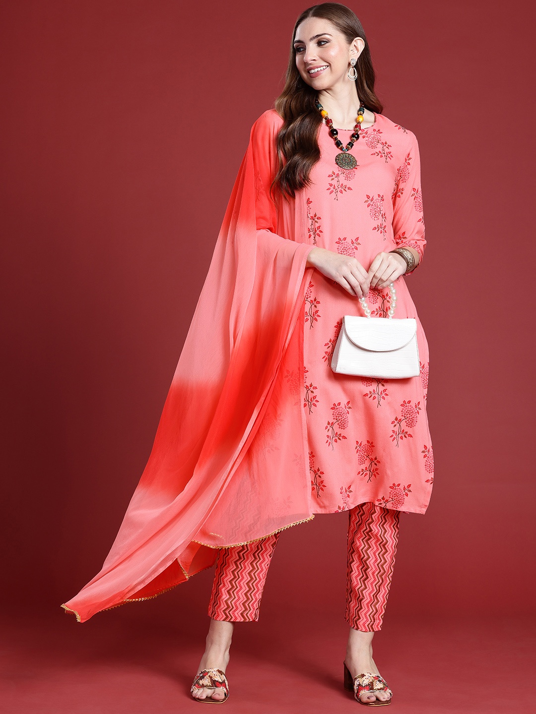 

Anouk Women Floral Printed Sequinned Kurta With Trousers & Dupatta, Pink
