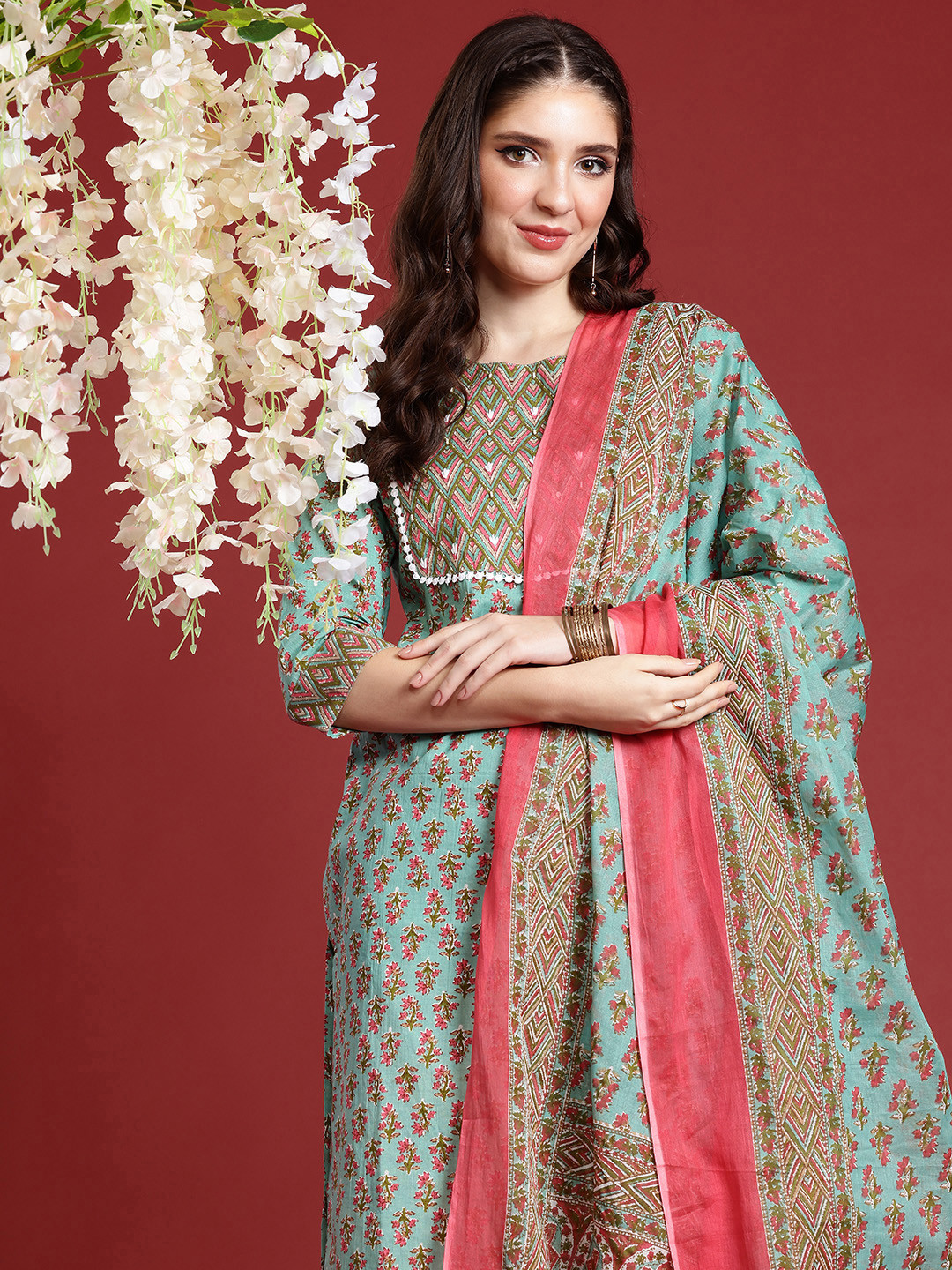 

Anouk Ethnic Motifs Printed Pure Cotton Kurta with Trousers & Dupatta, Sea green