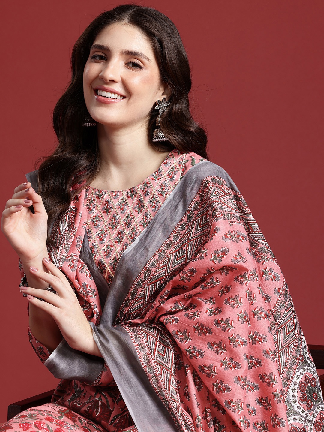 

Anouk Floral Printed Pure Cotton Kurta with Trousers & Dupatta, Pink