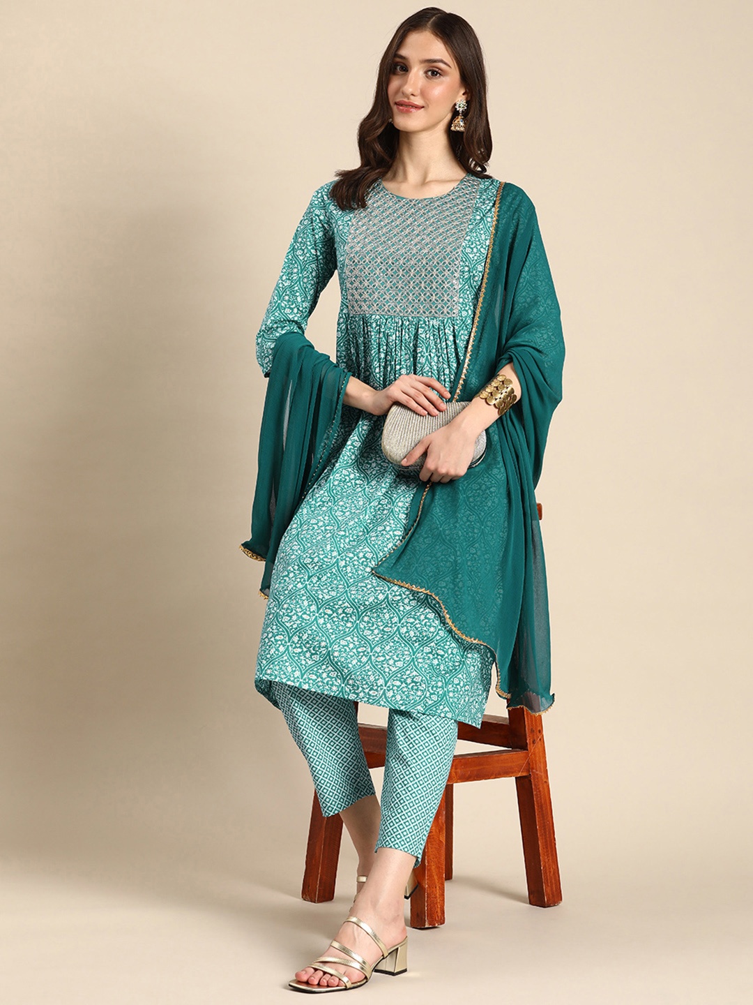 

Anouk Ethnic Motifs Embellished Pure Cotton Kurta with Trousers & Dupatta, Blue